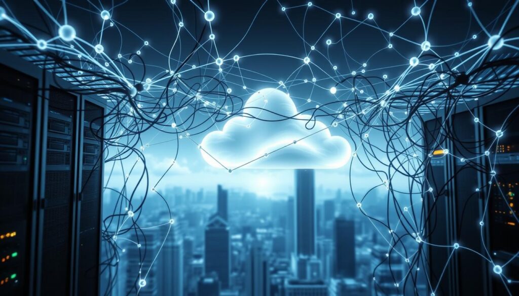 A complex web of interconnected nodes and cables, representing a dynamic cloud network. The foreground features sleek, modern servers and data storage units, emitting a soft glow. In the middle ground, wispy clouds of data flow seamlessly between the nodes, symbolizing the seamless integration of cloud computing. The background depicts a cityscape, hinting at the infrastructure supporting this vast digital ecosystem. Lighting is soft and diffused, creating an atmosphere of efficiency and innovation. The camera angle is slightly elevated, conveying a bird's-eye view of this intricate, futuristic landscape.
