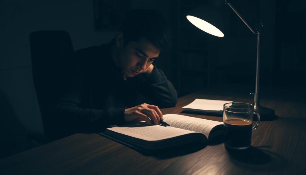A dimly lit study space, a desk illuminated by a warm table lamp. On the desk, an open notebook, a pen, and a half-empty cup of coffee. The student, lost in contemplation, their head resting on their hand, expression pensive. Shadows cast across the room, creating a somber, introspective atmosphere. Bookshelf in the background, hinting at the student's dedication to their studies. The scene conveys a sense of self-reflection and evaluation after the arduous Arabic language exam.