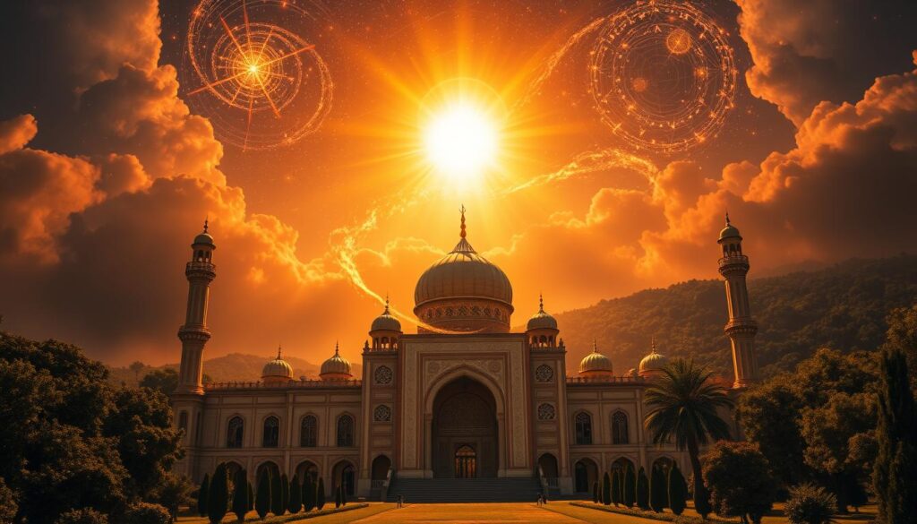 A grand, ornate mosque in the foreground, surrounded by a lush, verdant landscape. In the sky above, a radiant, luminous figure - the prophesied Mahdi - emerges, casting a warm, ethereal glow. Swirling celestial phenomena, such as shooting stars and glowing portents, fill the atmosphere, hinting at the momentous, end-times events unfolding. The scene is bathed in a golden, mystical light, evoking a sense of reverence and spiritual significance. Dramatic, cinematic camera angles and a heightened, almost dreamlike quality to the rendering.