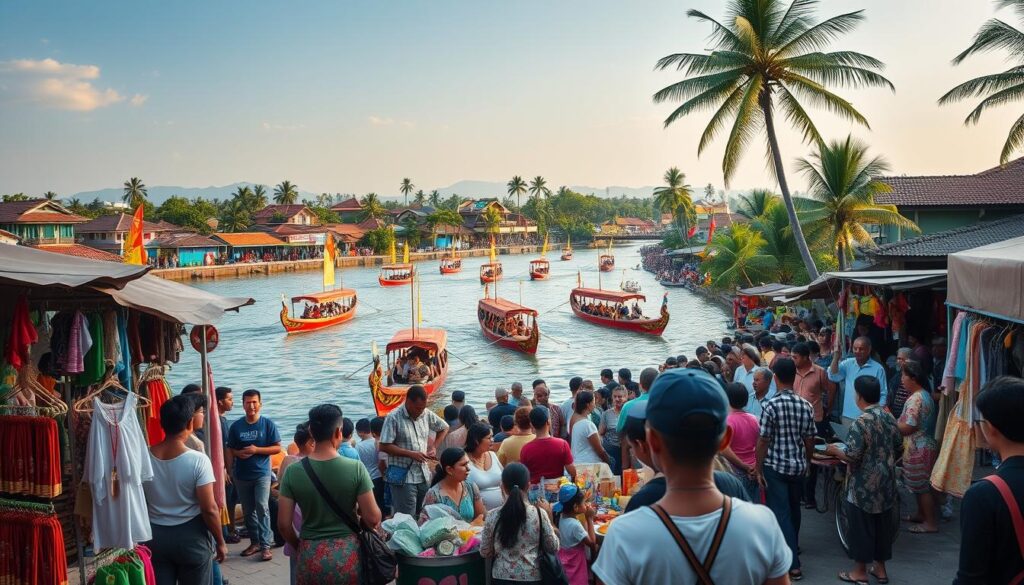 A lively scene depicting the economic impact of the traditional dragon boat festival in a vibrant Indonesian coastal town. In the foreground, local vendors enthusiastically sell handcrafted souvenirs, clothing, and traditional foods to a bustling crowd of spectators. In the middle ground, teams of rowers in ornately decorated dragon boats glide across a shimmering river, their synchronized movements drawing cheers from the onlookers. The background features a picturesque skyline of colorful tiled roofs and towering palm trees, bathed in warm golden light. The overall atmosphere conveys a sense of community, cultural pride, and thriving local commerce.