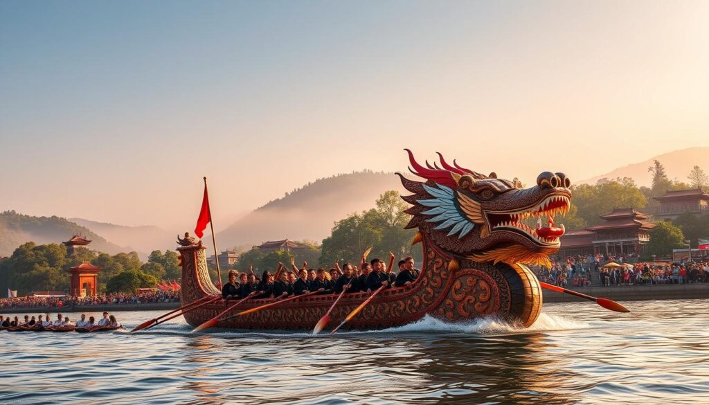 A majestic dragon boat glides across a tranquil river, its ornate carvings and vibrant colors shimmering in the warm sunlight. In the foreground, a skilled crew of rowers synchronize their oar strokes, their faces etched with determination. The middle ground reveals a lively festival atmosphere, with spectators lining the riverbanks, cheering and waving banners. In the background, a picturesque landscape unfolds, featuring verdant hills, traditional architecture, and a hazy, golden sky. The scene exudes a sense of cultural heritage, global connectivity, and the timeless beauty of this ancient tradition.