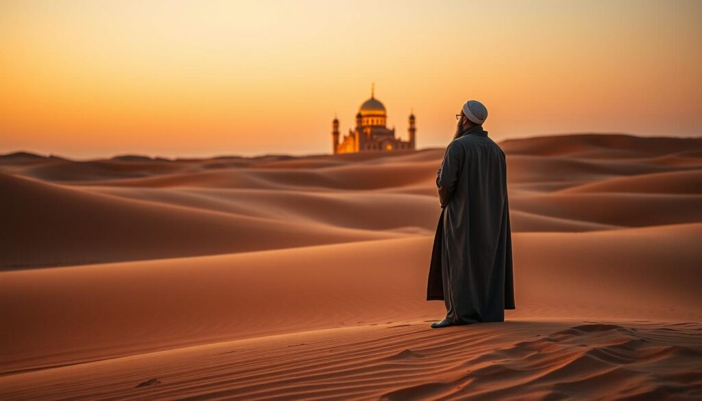 A serene desert landscape at dusk, with a majestic, golden-domed mosque rising in the distance. In the foreground, a thoughtful figure, dressed in traditional Islamic robes, stands amid swirling sands, gazing towards the horizon. Soft, warm lighting casts a contemplative atmosphere, as if the figure is meditating on the relevance of the prophesied Al-Mahdi in the modern world. The image conveys a sense of timelessness, where ancient beliefs and modern challenges coexist, inviting the viewer to ponder the enduring significance of this religious figure.