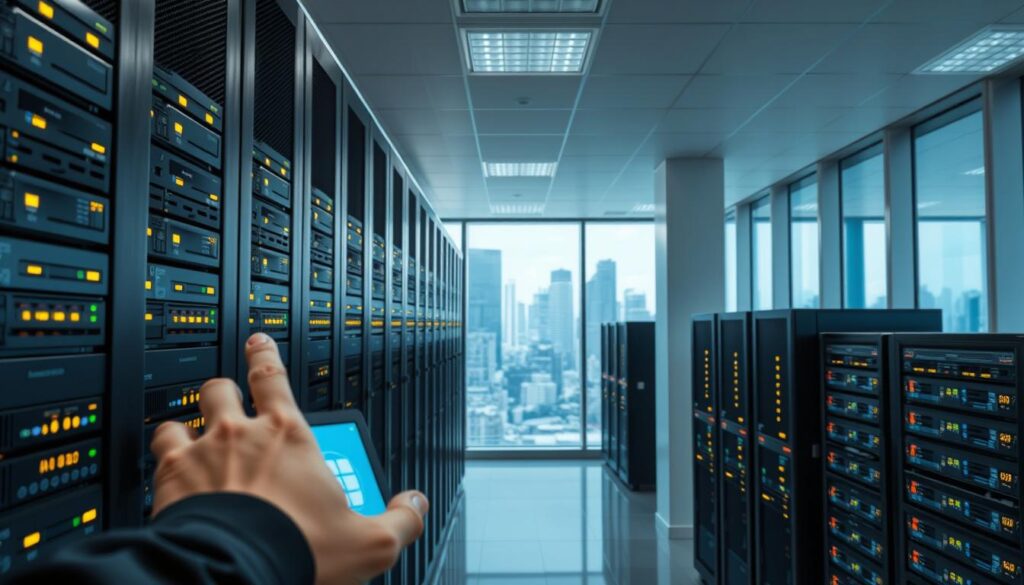 A sleek and modern data center with rows of server racks, glowing indicator lights, and a central control panel. The foreground shows a hand interacting with the control panel, highlighting the human element in database administration. The middle ground features clean, minimalist architecture with large windows providing natural lighting. The background has a cityscape visible through the windows, conveying a sense of scale and connectivity. The overall atmosphere is one of efficiency, security, and technological sophistication, capturing the essence of "administrator basis data" within the given context.