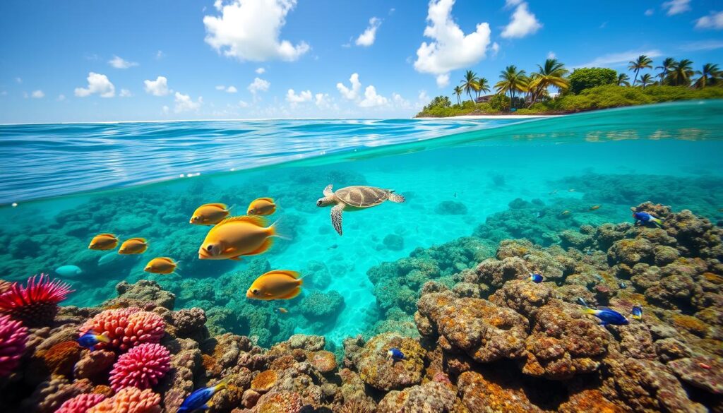 A tranquil seascape with crystal-clear azure waters, a diverse array of vibrant marine life, and a sun-dappled coral reef teeming with colorful fish and sea creatures. In the foreground, a school of angelfish gracefully swim, while in the middle ground, a majestic sea turtle glides effortlessly through the water. The background features a lush, verdant coastline with swaying palm trees and a cloudless sky that reflects the beauty of the ocean below. The image conveys a sense of harmony and balance between the natural world and the human need to protect and preserve the delicate marine ecosystem.