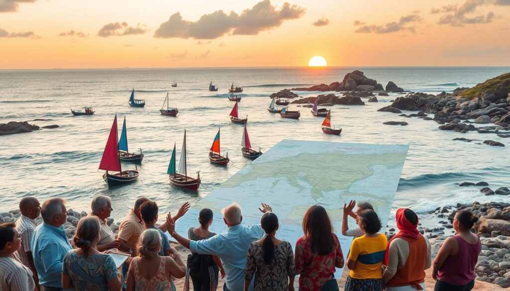 A vibrant coastal scene showcases a global collaboration for ocean conservation. In the foreground, diverse community members gather around a large map, gesturing and discussing their shared vision. The middle ground features an array of traditional boats and fishing vessels, their colorful sails billowing in the warm breeze. In the background, a stunning seascape unfolds, with gently lapping waves, rocky shores, and a vibrant sunset casting a golden glow over the entire scene. The lighting is soft and diffused, creating a sense of harmony and unity. The camera angle is slightly elevated, capturing the collaborative spirit and the interconnectedness of the community's efforts to protect the ocean's fragile ecosystems.