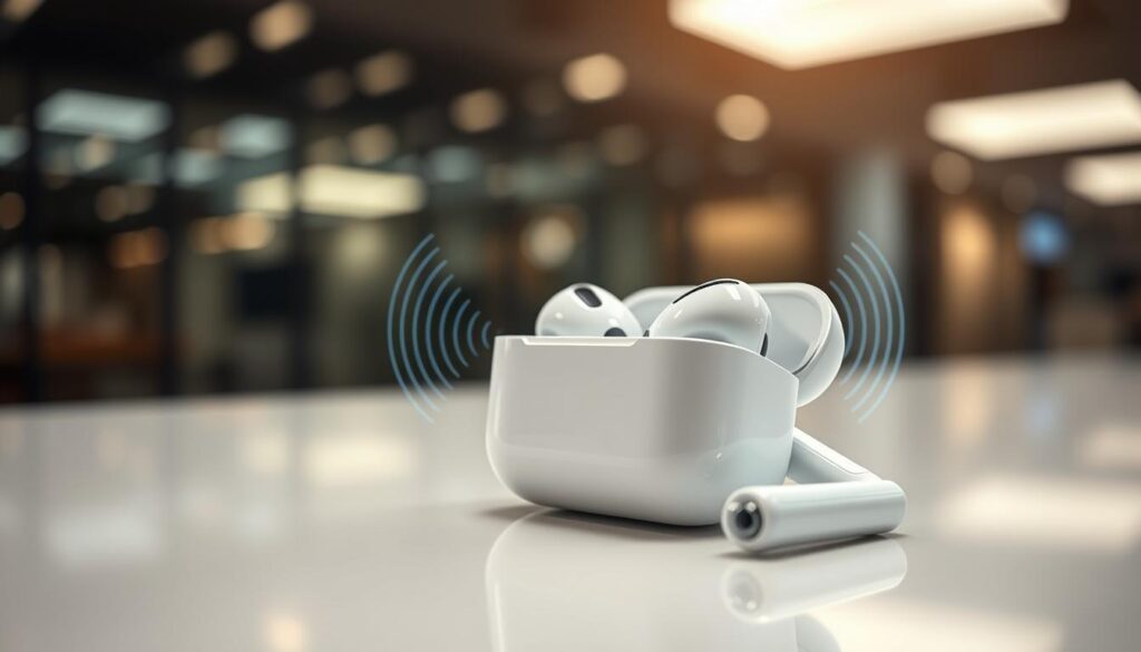 A close-up of the AirPods Pro 2 resting elegantly on a sleek, modern surface, showcasing the glossy finish and ergonomic design that exemplifies cutting-edge technology. Surrounding the AirPods, wisps of sound wave graphics softly visualizing the concept of Active Noise Cancellation, illustrating their innovative function. In the background, a blurred high-tech environment with subtle lighting hints of sophistication and modernity, evoking a sense of tranquility. The atmosphere should feel serene, emphasizing the quietness achieved through advanced technology. Use soft, diffused lighting to highlight the AirPods, capturing the product's premium appeal and futuristic essence. The angle should be slightly elevated, offering a clear view of the earbuds while maintaining a professional and polished aesthetic.