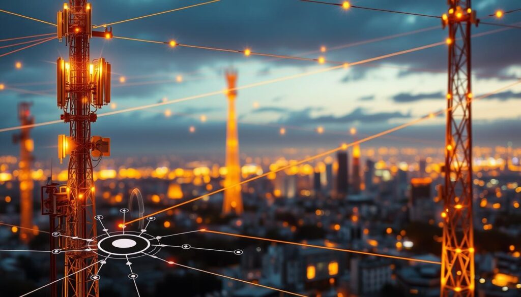 A closeup view of a cellular network, showcasing the intricate web of cell towers, antennas, and wireless signals. The scene is illuminated by a warm, golden lighting, creating a sense of technological sophistication. In the foreground, a detailed diagram of the cellular network components is visible, including signal strength indicators and coverage maps. The middle ground features a stylized representation of mobile devices, seamlessly connected to the network infrastructure. The background depicts a cityscape, with skyscrapers and urban landscapes, emphasizing the ubiquity and integration of cellular technology in modern life. The overall atmosphere conveys the reliability, connectivity, and technical complexity of a robust cellular network, essential for enabling emergency internet tethering on Android devices.