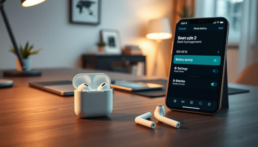A dynamic workspace setting with an elegant Apple AirPods Pro 2 prominently displayed in the foreground, showcasing sleek battery management features on a digital screen nearby. The middle ground includes a modern, stylish desk with an iPhone 15 running iOS 18, with its battery-saving settings clearly visible. In the background, a soft-focus view of a cozy study with warm lighting emanating from a desk lamp creates a welcoming atmosphere. The image captures a professional mood, highlighting the innovative technology of the AirPods Pro 2 in a minimalistic, tech-savvy environment. Utilize diffused, natural lighting to create a serene feel, with a focus on clarity and detail, ensuring the overall composition is polished and inviting.
