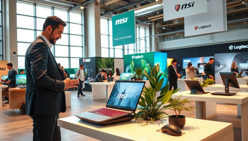 A modern exhibition showcasing environmentally friendly technology by MSI and Logitech, featuring sleek, innovative gadgets such as energy-efficient laptops, recycled material peripherals, and solar-powered devices. In the foreground, a well-dressed professional engages with a cutting-edge gaming laptop made from sustainable materials, its screen glowing brightly. The middle ground features other eco-friendly products displayed on elegant, minimalist tables, surrounded by greenery and plants, emphasizing an eco-conscious theme. The background includes a softly lit exhibition hall with banners featuring corporate logos, enhancing the atmosphere of technological advancement and sustainability. Bright, natural lighting spills through large windows, creating an inviting and inspiring mood, perfect for a forward-thinking tech showcase. A modern exhibition showcasing environmentally friendly technology by MSI and Logitech, featuring sleek, innovative gadgets such as energy-efficient laptops, recycled material peripherals, and solar-powered devices. In the foreground, a well-dressed professional engages with a cutting-edge gaming laptop made from sustainable materials, its screen glowing brightly. The middle ground features other eco-friendly products displayed on elegant, minimalist tables, surrounded by greenery and plants, emphasizing an eco-conscious theme. The background includes a softly lit exhibition hall with banners featuring corporate logos, enhancing the atmosphere of technological advancement and sustainability. Bright, natural lighting spills through large windows, creating an inviting and inspiring mood, perfect for a forward-thinking tech showcase.