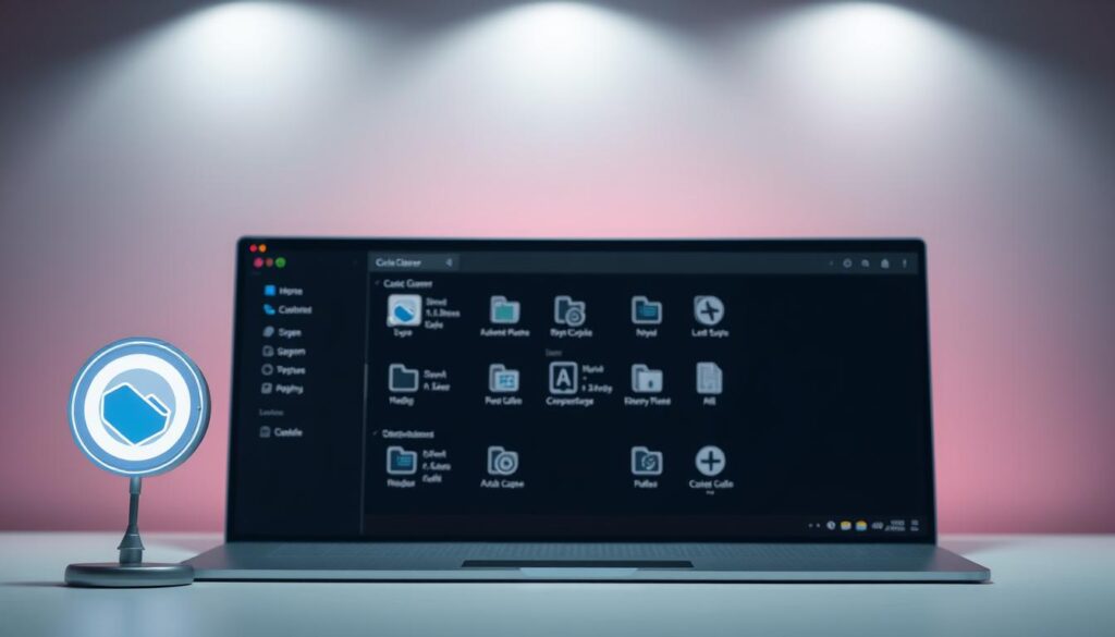 A neatly organized computer screen with a sleek, minimalist interface. In the foreground, a glowing "Cache Cleaner" app icon stands out, its design clean and modern. The middle ground features various system files and cache folders, their contents represented by intricate icons and illustrations. In the background, a soft, pastel-colored gradient sets a calming, professional atmosphere. Subtle light sources create gentle shadows and highlights, emphasizing the organized layout. The overall composition conveys a sense of efficiency, productivity, and a streamlined digital workspace. A neatly organized computer screen with a sleek, minimalist interface. In the foreground, a glowing "Cache Cleaner" app icon stands out, its design clean and modern. The middle ground features various system files and cache folders, their contents represented by intricate icons and illustrations. In the background, a soft, pastel-colored gradient sets a calming, professional atmosphere. Subtle light sources create gentle shadows and highlights, emphasizing the organized layout. The overall composition conveys a sense of efficiency, productivity, and a streamlined digital workspace.