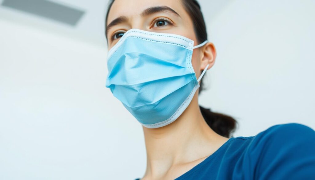 A person wearing a blue medical face mask, with the mask covering their nose and mouth, standing in a bright, well-lit indoor setting. The mask is properly fitted and the person's expression is neutral. The background is a clean, minimalist environment, with a plain wall or background in a neutral color like white or gray. The lighting is soft and even, creating a calm, professional atmosphere. The angle is a medium shot, focusing on the person's face and upper body. The overall mood is one of practicality and responsible safety measures.