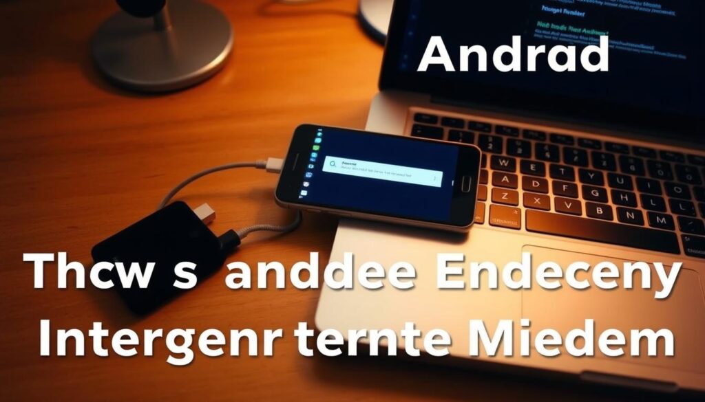 A smartphone connected to a laptop via a USB cable, the screen displaying a tethered internet connection. The laptop is placed on a wooden desk, with minimal clutter. Warm, natural lighting illuminates the scene, creating a sense of practicality and functionality. The focus is on the simple, effective act of using the Android device as an emergency internet modem, conveying the utility and convenience of this technique. The overall atmosphere is one of problem-solving and resourcefulness, reflecting the theme of the article's section on using Android as a makeshift internet solution.