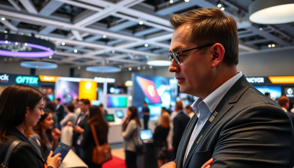 An expert in technology attentively observes and discusses innovative products showcased at a technology exhibition in a modern conference hall. In the foreground, a diverse group of professionals in business attire engages with cutting-edge MSI laptops and Logitech peripherals, showcasing sleek designs and advanced features. The middle ground features vibrant displays of the latest tech innovations, illuminated by soft, focused lighting, highlighting their futuristic aesthetics. The background consists of a lively crowd, with attendees exploring various tech booths. The atmosphere is dynamic and engaging, conveying curiosity and excitement about technological advancements. Use a wide-angle lens to capture the depth of the scene, ensuring a bright and well-lit environment that emphasizes the innovations displayed. An expert in technology attentively observes and discusses innovative products showcased at a technology exhibition in a modern conference hall. In the foreground, a diverse group of professionals in business attire engages with cutting-edge MSI laptops and Logitech peripherals, showcasing sleek designs and advanced features. The middle ground features vibrant displays of the latest tech innovations, illuminated by soft, focused lighting, highlighting their futuristic aesthetics. The background consists of a lively crowd, with attendees exploring various tech booths. The atmosphere is dynamic and engaging, conveying curiosity and excitement about technological advancements. Use a wide-angle lens to capture the depth of the scene, ensuring a bright and well-lit environment that emphasizes the innovations displayed.