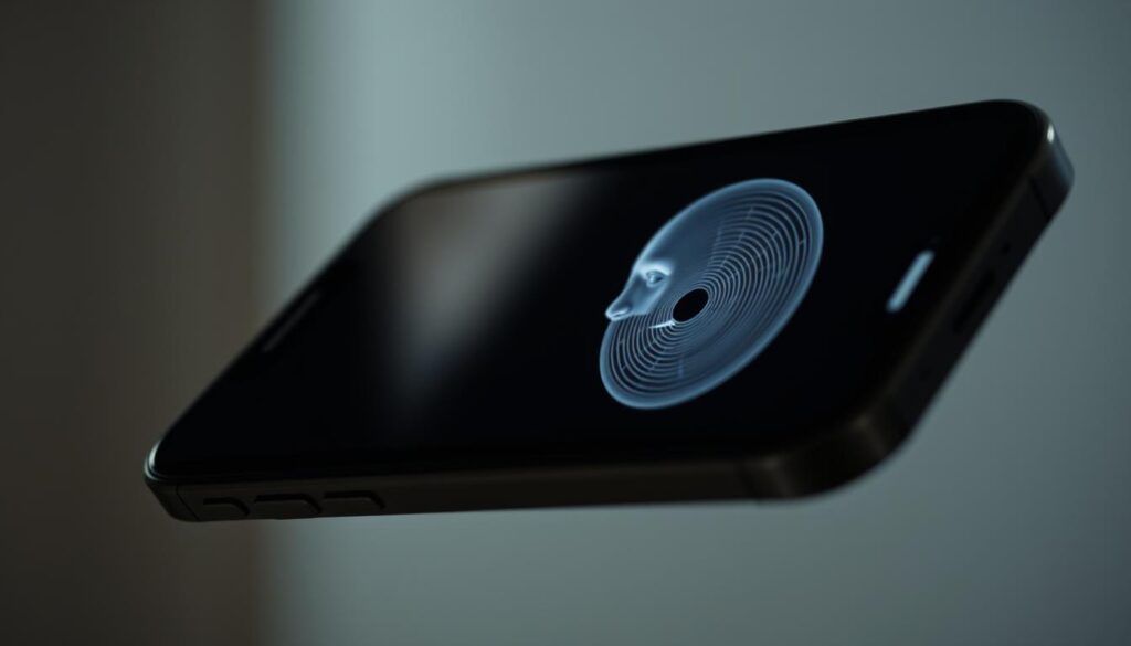 Elegant close-up of an iPhone's Face ID system, showcasing its advanced facial recognition technology. The device is positioned at an angle, with soft, diffused lighting illuminating the user's face from the side. The screen displays a 3D facial model, highlighting the intricate depth mapping and infrared sensor array used to securely authenticate the user. The background is blurred, putting the focus on the detailed facial features and the iPhone's sleek, modern design. The overall mood is one of precision, innovation, and the seamless integration of biometric security into daily device usage.