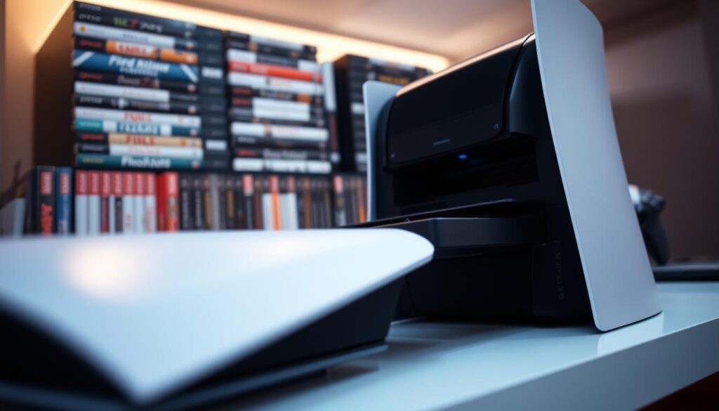 A detailed close-up of a PlayStation 5 with a prominent disc drive, elegantly displayed on a sleek gaming shelf. The foreground features the console in a contrasting color scheme, showcasing its modern design and distinctive curves. In the middle ground, a selective focus on the disc drive, highlighting its smooth opening mechanism and glossy finish. The background is softly blurred to emphasize the console, featuring an assortment of game discs neatly organized on a shelf. Soft, ambient lighting casts a warm glow, enhancing the sophisticated gaming atmosphere. The angle is slightly elevated to capture both the console and the surrounding environment, invoking a sense of advanced technology and immersive gaming experiences. A detailed close-up of a PlayStation 5 with a prominent disc drive, elegantly displayed on a sleek gaming shelf. The foreground features the console in a contrasting color scheme, showcasing its modern design and distinctive curves. In the middle ground, a selective focus on the disc drive, highlighting its smooth opening mechanism and glossy finish. The background is softly blurred to emphasize the console, featuring an assortment of game discs neatly organized on a shelf. Soft, ambient lighting casts a warm glow, enhancing the sophisticated gaming atmosphere. The angle is slightly elevated to capture both the console and the surrounding environment, invoking a sense of advanced technology and immersive gaming experiences.