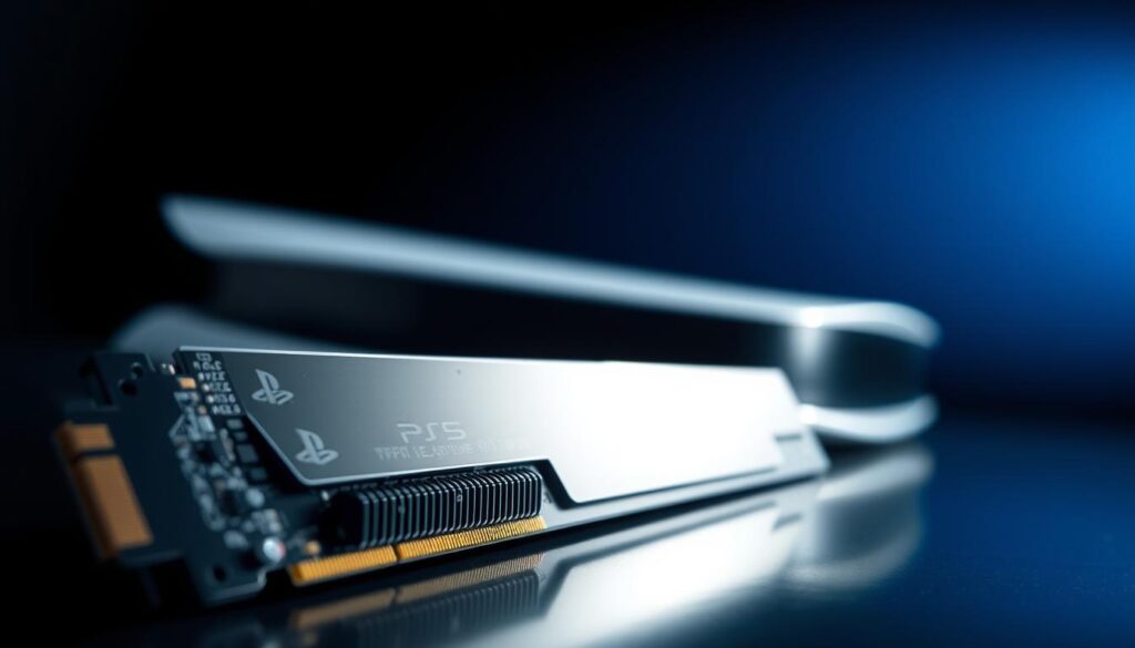 A detailed close-up of a high-tech NVMe SSD, showcasing its sleek metallic body and intricate circuit design. The foreground features the SSD with its connectors prominently displayed, reflecting light to highlight its polished surface. In the middle ground, include a blurred-out image of a PS5 console, emphasizing its modern and sophisticated design. The background features soft lighting with a gradient that transitions from dark blue to black, evoking a high-performance gaming atmosphere. The entire scene should convey a sense of speed and efficiency, inviting the viewer to appreciate the advancements in storage technology. Use a shallow depth of field to focus on the SSD, creating a dynamic and engaging image. A detailed close-up of a high-tech NVMe SSD, showcasing its sleek metallic body and intricate circuit design. The foreground features the SSD with its connectors prominently displayed, reflecting light to highlight its polished surface. In the middle ground, include a blurred-out image of a PS5 console, emphasizing its modern and sophisticated design. The background features soft lighting with a gradient that transitions from dark blue to black, evoking a high-performance gaming atmosphere. The entire scene should convey a sense of speed and efficiency, inviting the viewer to appreciate the advancements in storage technology. Use a shallow depth of field to focus on the SSD, creating a dynamic and engaging image.