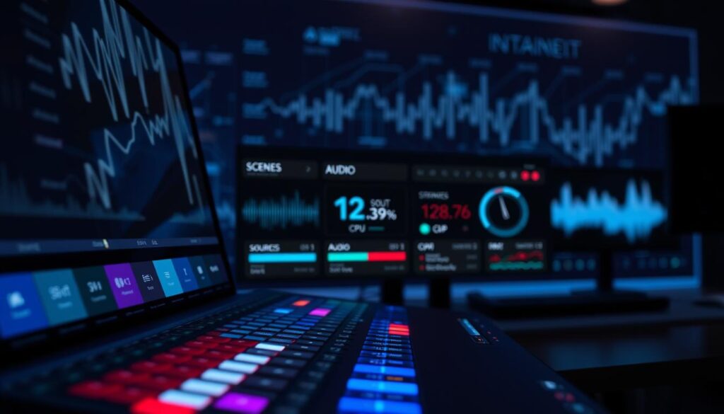 A detailed depiction of the XSplit Broadcaster interface, showcasing its sleek and modern design. The foreground features a close-up of the interface with vibrant tabs for scenes, sources, and audio mixers, illuminated by cool-toned lighting. In the middle ground, various streaming metrics are displayed, including CPU usage at 12%, along with key performance indicators, set against a dark, professional backdrop. The background includes an abstract representation of a tech workspace, suggesting a dynamic broadcasting setup with subtle patterns of soundwaves and digital data. The overall atmosphere is focused and high-tech, emphasizing efficiency and user-friendliness in streaming software. The image should be crisp, with a slightly blurred background to emphasize the interface, avoiding any text, logos, or watermarks.