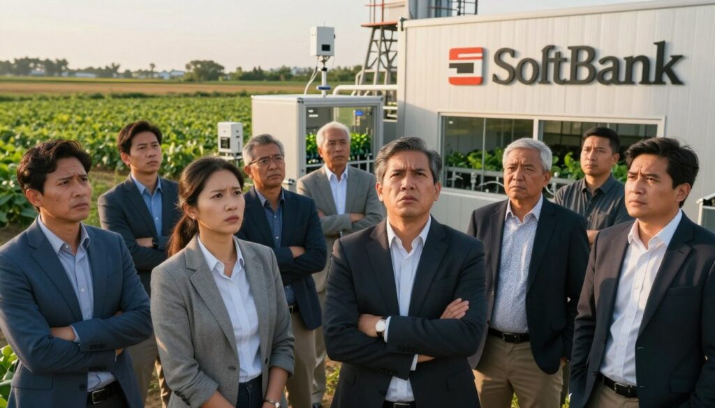 A dynamic scene depicting the controversy surrounding the economic and social impact of AgriTech startups funded by SoftBank. In the foreground, a group of farmers in professional attire stands together, expressing concern and dissatisfaction, their faces conveying frustration and determination. In the middle ground, a sleek AgriTech facility showcases advanced agricultural technology, with high-tech sensors and machinery visible. The background features a lush farmland juxtaposed with the stark industrial structure, highlighting the tension between innovation and traditional farming practices. The lighting is dramatic, with soft golden hour sunlight casting long shadows, creating an emotional atmosphere of conflict and debate. The angle is slightly low, emphasizing the farmers' significance in the narrative, while the overall mood is tense yet hopeful for a resolution. A dynamic scene depicting the controversy surrounding the economic and social impact of AgriTech startups funded by SoftBank. In the foreground, a group of farmers in professional attire stands together, expressing concern and dissatisfaction, their faces conveying frustration and determination. In the middle ground, a sleek AgriTech facility showcases advanced agricultural technology, with high-tech sensors and machinery visible. The background features a lush farmland juxtaposed with the stark industrial structure, highlighting the tension between innovation and traditional farming practices. The lighting is dramatic, with soft golden hour sunlight casting long shadows, creating an emotional atmosphere of conflict and debate. The angle is slightly low, emphasizing the farmers' significance in the narrative, while the overall mood is tense yet hopeful for a resolution.
