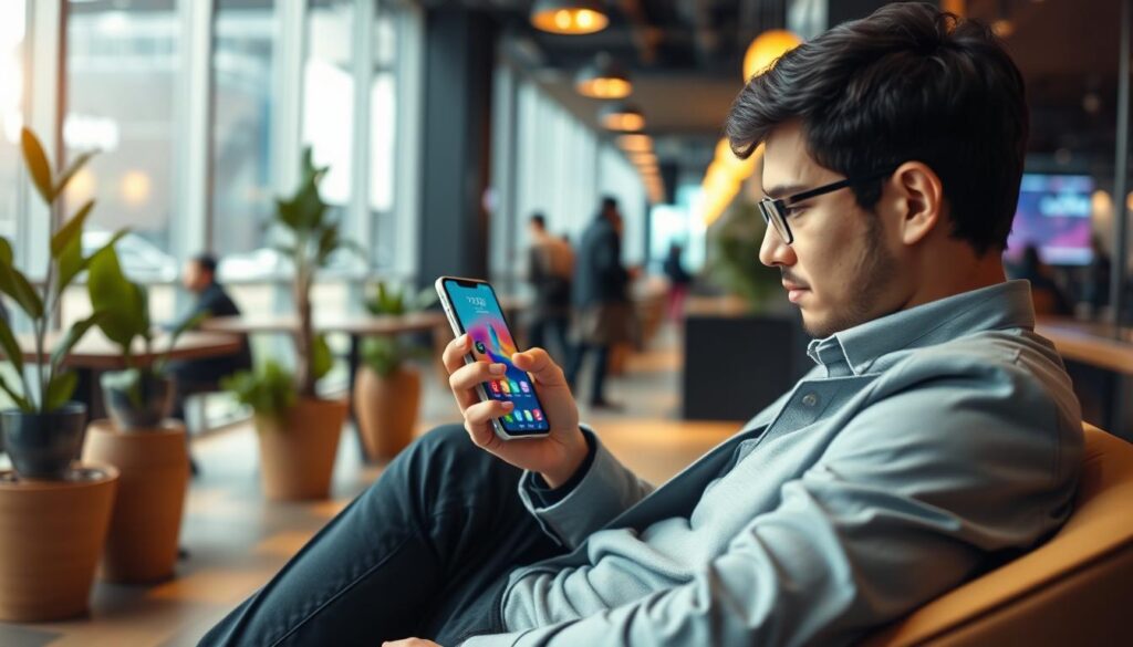 A modern smartphone user sits comfortably at a stylish café, engaging with their device. The foreground captures a focused individual, dressed in smart casual attire, swiping through a vibrant interface on their smartphone, showcasing Samsung One UI 6.1. In the middle, a sleek, contemporary café interior fills the scene, with warm lighting creating an inviting atmosphere. The background features blurred silhouettes of other café-goers, hinting at a bustling environment, while potted plants add a touch of color. The camera angle is slightly tilted, emphasizing the user's experience with their smartphone. This composition evokes a sense of connection and modernity, highlighting the user-centric design of One UI.