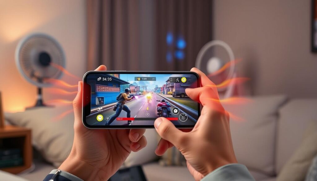 A modern smartphone with visible thermal graphics emanating from it, indicating overheating while being used for gaming. In the foreground, focus on the smartphone displaying a vivid action-packed game scene on its screen, with glowing heat waves subtly illustrated to convey the overheat effect. In the middle, a pair of hands grasp the phone, wearing a casual yet neat outfit, showing engagement in gaming. The background features a dimly lit room with a cooling fan blowing air, hinting at solutions for temperature control. Soft lighting emphasizes the warm tones emitted from the phone, creating a slightly tense yet informative atmosphere, suggesting the challenges of mobile gaming under heat stress. A modern smartphone with visible thermal graphics emanating from it, indicating overheating while being used for gaming. In the foreground, focus on the smartphone displaying a vivid action-packed game scene on its screen, with glowing heat waves subtly illustrated to convey the overheat effect. In the middle, a pair of hands grasp the phone, wearing a casual yet neat outfit, showing engagement in gaming. The background features a dimly lit room with a cooling fan blowing air, hinting at solutions for temperature control. Soft lighting emphasizes the warm tones emitted from the phone, creating a slightly tense yet informative atmosphere, suggesting the challenges of mobile gaming under heat stress.
