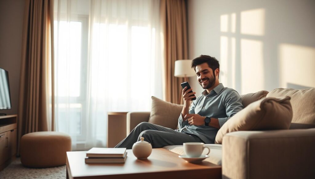 A serene and minimalistic scene depicting a modern man in a cozy living room, comfortably using a feature phone. In the foreground, the man, dressed in casual but tasteful attire, is seated on a plush sofa, smiling as he engages with his device. The middle ground features a small wooden coffee table with a few books and a cup of steaming tea, symbolizing relaxation and simplicity. In the background, soft, warm light filters in through a large window with sheer curtains, casting gentle shadows that enhance the peaceful atmosphere. The overall mood is calm and inviting, highlighting the benefits of choosing a feature phone for a balanced, distraction-free lifestyle.