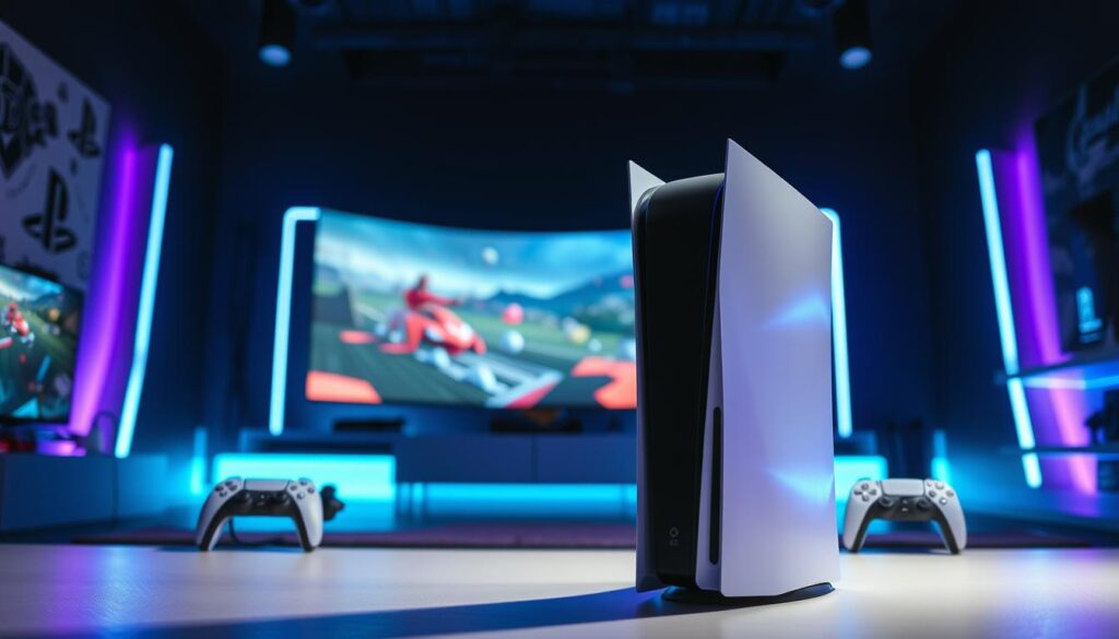 A sleek and modern PlayStation 5 console prominently displayed in the foreground, featuring its distinctive angular design and clean lines. Surrounding the console are high-tech gaming accessories, such as wireless controllers and a charging dock. In the middle ground, a vibrant gaming setup is visible, including a large, curved gaming monitor showcasing a dynamic in-game scene. The background features a stylish gaming room, with ambient LED lights illuminating the space in shades of blue and purple, creating a futuristic atmosphere. The lighting is dramatic, with a focus on the PS5, casting soft shadows that enhance the console’s design. The overall mood is energetic and inviting, capturing the essence of cutting-edge gaming technology. A sleek and modern PlayStation 5 console prominently displayed in the foreground, featuring its distinctive angular design and clean lines. Surrounding the console are high-tech gaming accessories, such as wireless controllers and a charging dock. In the middle ground, a vibrant gaming setup is visible, including a large, curved gaming monitor showcasing a dynamic in-game scene. The background features a stylish gaming room, with ambient LED lights illuminating the space in shades of blue and purple, creating a futuristic atmosphere. The lighting is dramatic, with a focus on the PS5, casting soft shadows that enhance the console’s design. The overall mood is energetic and inviting, capturing the essence of cutting-edge gaming technology.