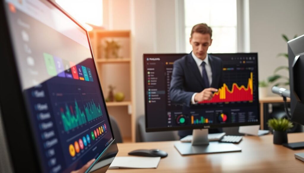 A sleek and modern software interface displayed on a high-resolution computer screen. The foreground features a close-up of a user-friendly dashboard with vibrant, interactive buttons and graphs depicting streaming performance metrics. In the middle ground, a person in professional business attire is engaged with the software, displaying a focused expression as they effortlessly navigate through the controls. The background showcases a well-organized workspace with ambient lighting, suggesting a tech-savvy environment. Light streams in from a nearby window, creating a warm, productive atmosphere. The image should capture the ease of use and streamlined operation, with a focus on efficiency and low CPU usage, reflecting a positive user experience.