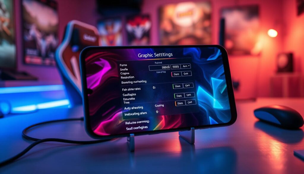A sleek gaming setup featuring a high-end smartphone displayed prominently in the foreground, showcasing an intricate graphics settings menu. The screen glows with vivid colors, highlighting elements such as resolution, frame rate, and anti-aliasing options, all designed to optimize performance and reduce overheating. The middle ground includes a stylish gaming chair and LED-backlit desk, emphasizing a modern gaming environment. In the background, a subtle hint of an ambient gaming room with posters of popular games and soft, indirect lighting, creating a cozy atmosphere. The overall mood is focused and tech-savvy, aimed at gamers looking for solutions to device overheating during extended play sessions. The image captures the essence of software settings in a dynamic gaming context. A sleek gaming setup featuring a high-end smartphone displayed prominently in the foreground, showcasing an intricate graphics settings menu. The screen glows with vivid colors, highlighting elements such as resolution, frame rate, and anti-aliasing options, all designed to optimize performance and reduce overheating. The middle ground includes a stylish gaming chair and LED-backlit desk, emphasizing a modern gaming environment. In the background, a subtle hint of an ambient gaming room with posters of popular games and soft, indirect lighting, creating a cozy atmosphere. The overall mood is focused and tech-savvy, aimed at gamers looking for solutions to device overheating during extended play sessions. The image captures the essence of software settings in a dynamic gaming context.
