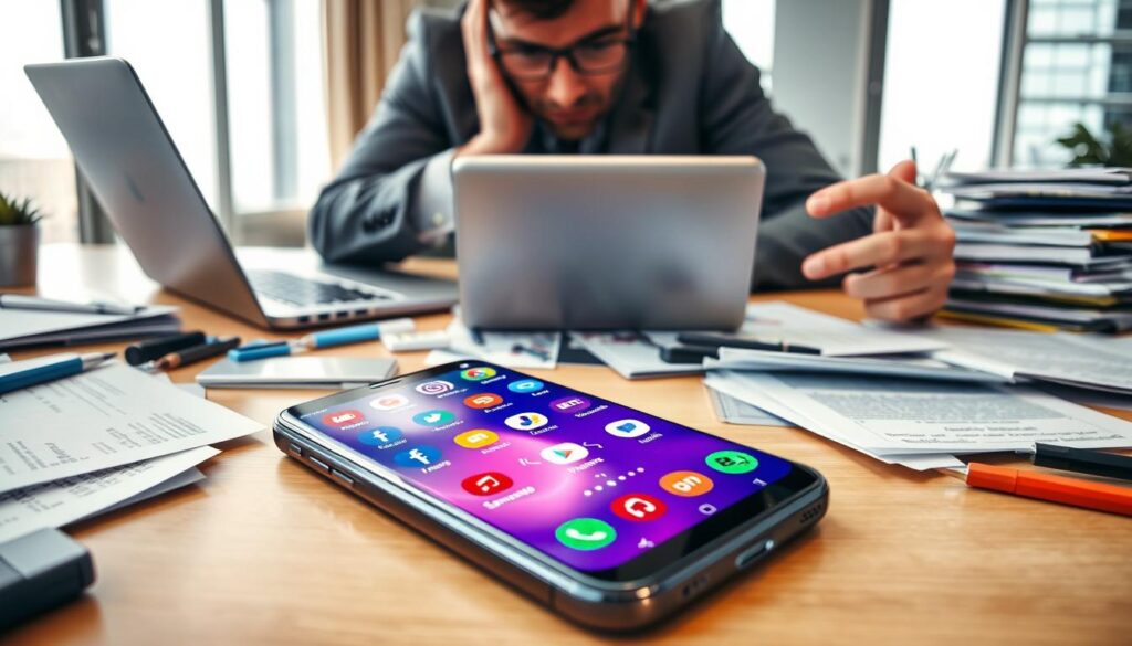 A smartphone lying on a cluttered desk, displaying a vibrant Samsung One UI home screen filled with various bloatware app icons. In the foreground, a frustrated business professional in smart casual attire is examining the device, their expression reflecting annoyance and concern about performance issues. In the middle, scattered documents and a sluggish laptop convey the theme of inefficiency. The background showcases a modern office environment with soft, diffused natural lighting, highlighting the contrast between organized workspaces and the chaos created by bloatware. The atmosphere feels tense, emphasizing how bloatware can disrupt daily tasks and overall device performance. Use a slight over-the-shoulder angle to capture both the phone screen and the individual's reaction.