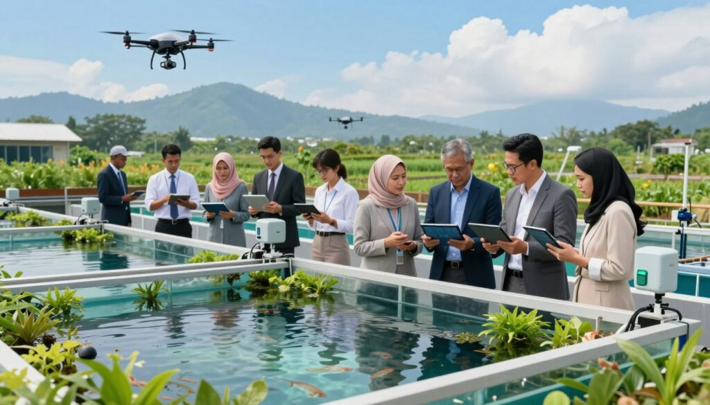 A vibrant aquaculture innovation scene showcasing a modern fish farming facility. In the foreground, there are high-tech aquaculture tanks filled with clear water, surrounded by green aquatic plants and fish. A diverse group of professionals in business attire—men and women of different ethnicities—are actively discussing and examining data on digital tablets, symbolizing collaboration and innovation. In the middle ground, automated systems and sensors monitor water quality, while drones fly overhead, highlighting technological advancements. The background features lush landscapes and distant mountains under a bright blue sky. Soft, natural lighting illuminates the scene, creating an optimistic and forward-looking atmosphere, representing the future of AgriTech in Indonesia. A vibrant aquaculture innovation scene showcasing a modern fish farming facility. In the foreground, there are high-tech aquaculture tanks filled with clear water, surrounded by green aquatic plants and fish. A diverse group of professionals in business attire—men and women of different ethnicities—are actively discussing and examining data on digital tablets, symbolizing collaboration and innovation. In the middle ground, automated systems and sensors monitor water quality, while drones fly overhead, highlighting technological advancements. The background features lush landscapes and distant mountains under a bright blue sky. Soft, natural lighting illuminates the scene, creating an optimistic and forward-looking atmosphere, representing the future of AgriTech in Indonesia.