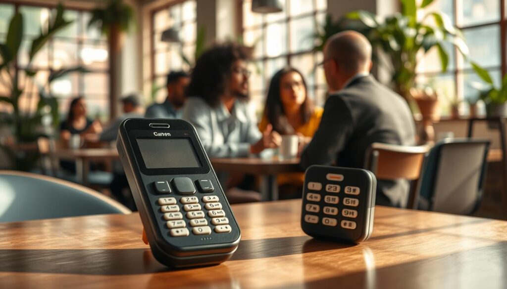 A vintage feature phone prominently displayed in the foreground, showcasing its simple yet charming design with a sleek keypad and small screen. The middle ground features a cozy café scene, with soft natural light filtering through large windows, casting gentle shadows. In the background, a group of diverse individuals, dressed in casual yet stylish clothing, engage in conversation, highlighting the contrast of digital detox. The atmosphere is warm and inviting, invoking a sense of nostalgia and community, with lush indoor plants adding a touch of greenery. The image captures the essence of a modern resurgence of "dumb phones" as tools for connection over distraction, emphasizing simplicity and mindfulness.