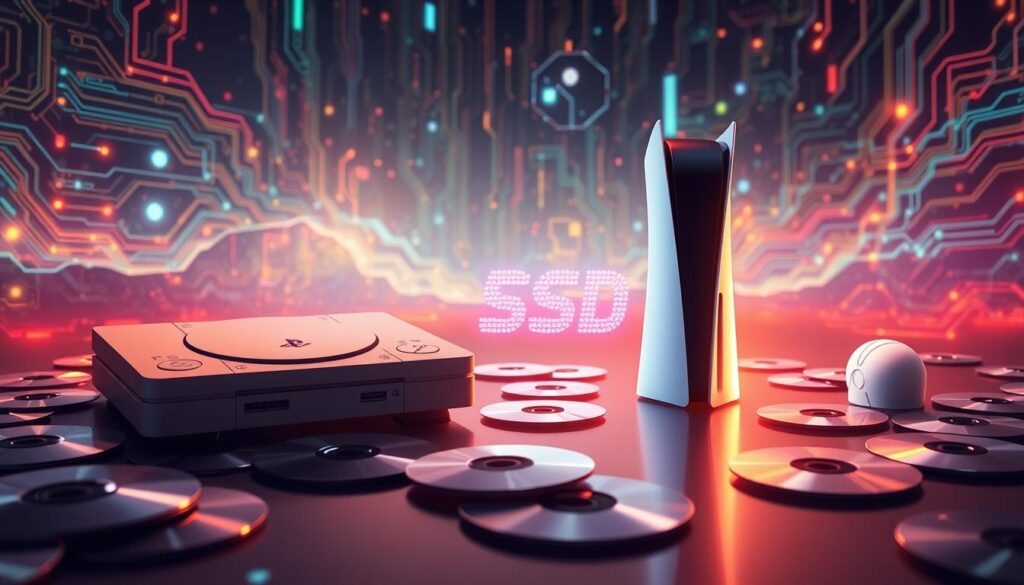 A visually captivating illustration showcasing the evolution of storage technology in PlayStation consoles, featuring a vibrant transition from a PlayStation 1 CD to a sleek PlayStation 5 SSD. In the foreground, prominently display the PS1 with its classic disc drive, surrounded by scattered CDs, transitioning smoothly to a glowing, modern PS5 SSD in the middle ground, symbolizing speed and efficiency. The background should depict an abstract digital landscape filled with circuit patterns and dynamic lighting to convey technological advancement. Use soft, focused lighting to highlight the contrasts between the old and new, creating a sense of nostalgia blended with futuristic excitement. The atmosphere should be both inspiring and informative, inviting viewers to explore the incredible journey of storage technology in gaming. A visually captivating illustration showcasing the evolution of storage technology in PlayStation consoles, featuring a vibrant transition from a PlayStation 1 CD to a sleek PlayStation 5 SSD. In the foreground, prominently display the PS1 with its classic disc drive, surrounded by scattered CDs, transitioning smoothly to a glowing, modern PS5 SSD in the middle ground, symbolizing speed and efficiency. The background should depict an abstract digital landscape filled with circuit patterns and dynamic lighting to convey technological advancement. Use soft, focused lighting to highlight the contrasts between the old and new, creating a sense of nostalgia blended with futuristic excitement. The atmosphere should be both inspiring and informative, inviting viewers to explore the incredible journey of storage technology in gaming.