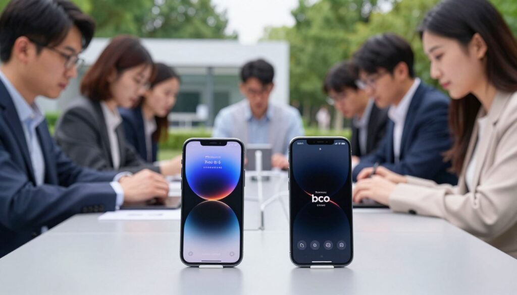 A dynamic smartphone performance test scene set outdoors, featuring two smartphones: an Apple iPhone 16 and a Xiaomi/Poco model placed side by side on a sleek table. The foreground highlights the phones displaying vivid performance metrics on their screens, reflecting a competitive tech environment. The middle ground showcases a diverse group of users, dressed in professional business attire, intently observing and interacting with the devices, creating an atmosphere of focused evaluation. Soft, natural lighting illuminates the scene, enhancing clarity and detail, with a shallow depth of field drawing attention to the phones. In the background, subtle hints of a tech research facility are visible, blending into a serene park setting, evoking a sense of innovation and usability tests in real-world conditions.