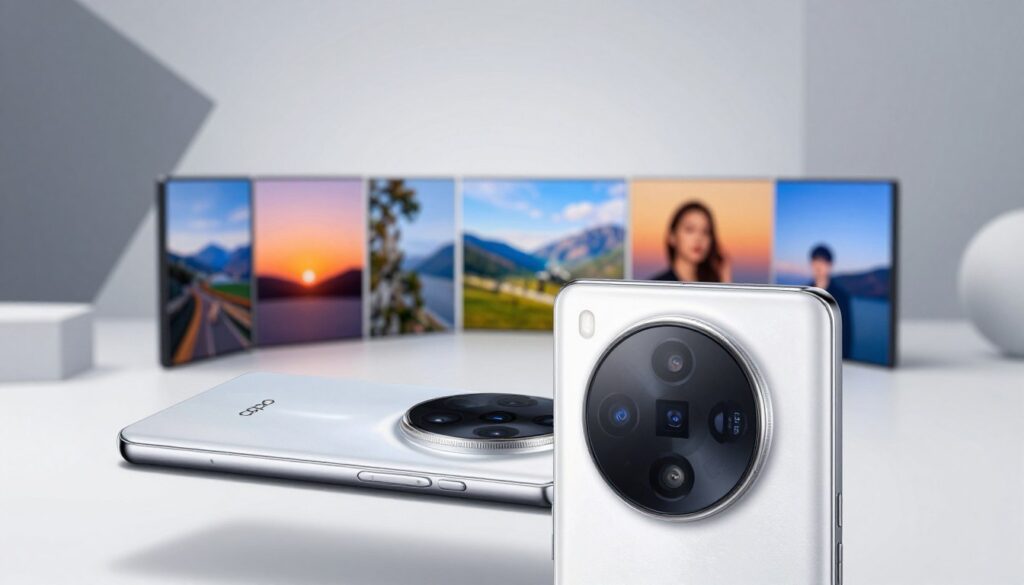 A highly detailed close-up of the back camera system of a modern ultra-wide smartphone, featuring the OPPO Find X7 and Vivo X100 models side by side. The foreground highlights the intricate lens assemblies with multiple sensors, showcasing their sleek design and metallic finishes. In the middle ground, an array of colorful sample images taken with these smartphones is displayed, emphasizing their capability in capturing vibrant landscapes and portraits. The background features a soft-focus arrangement of abstract geometric shapes to suggest technology and innovation. The lighting is bright and even, casting soft shadows that accentuate the smartphones' features. The atmosphere is polished and professional, perfect for a tech review article, without any text or logos. A highly detailed close-up of the back camera system of a modern ultra-wide smartphone, featuring the OPPO Find X7 and Vivo X100 models side by side. The foreground highlights the intricate lens assemblies with multiple sensors, showcasing their sleek design and metallic finishes. In the middle ground, an array of colorful sample images taken with these smartphones is displayed, emphasizing their capability in capturing vibrant landscapes and portraits. The background features a soft-focus arrangement of abstract geometric shapes to suggest technology and innovation. The lighting is bright and even, casting soft shadows that accentuate the smartphones' features. The atmosphere is polished and professional, perfect for a tech review article, without any text or logos.