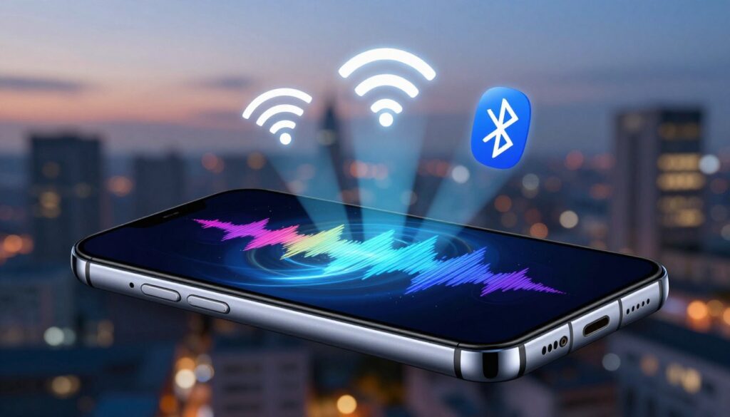 A modern smartphone flagship prominently displayed in the foreground, showcasing its sleek design and high-quality audio ports. The device features a vivid screen lighting up with colorful audio waveforms symbolizing advanced sound technology. In the middle ground, a seamless blend of Wi-Fi and Bluetooth symbols is illustrated, representing connectivity features, with soft glows emanating from each icon. The background includes a blurred urban landscape at dusk, hinting at a tech-savvy environment, accentuated with ambient city lights. The overall mood is dynamic and sophisticated, capturing the essence of high-end smartphone connectivity and audio. The image should be well-lit with a focus on the smartphone, shot from a slightly elevated angle to enhance its premium aesthetic. A modern smartphone flagship prominently displayed in the foreground, showcasing its sleek design and high-quality audio ports. The device features a vivid screen lighting up with colorful audio waveforms symbolizing advanced sound technology. In the middle ground, a seamless blend of Wi-Fi and Bluetooth symbols is illustrated, representing connectivity features, with soft glows emanating from each icon. The background includes a blurred urban landscape at dusk, hinting at a tech-savvy environment, accentuated with ambient city lights. The overall mood is dynamic and sophisticated, capturing the essence of high-end smartphone connectivity and audio. The image should be well-lit with a focus on the smartphone, shot from a slightly elevated angle to enhance its premium aesthetic.