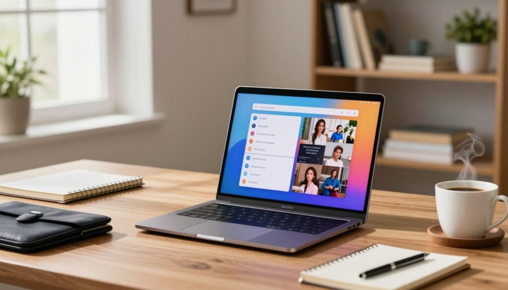 A sleek Samsung Galaxy M55 sits prominently on a modern wooden desk, showcasing its vibrant screen displaying work applications and streaming content side by side. The foreground features a stylish laptop with a professional sleeve next to a notepad and a cup of steaming coffee, hinting at a productive work-from-home atmosphere. In the middle ground, soft, diffused natural light filters through a nearby window, casting gentle shadows and enhancing the cozy workspace vibe. A neatly organized bookshelf filled with books and decorative plants creates a balanced backdrop, conveying a sense of calm and focus. The overall mood is inviting and productive, suited for a contemporary remote office.